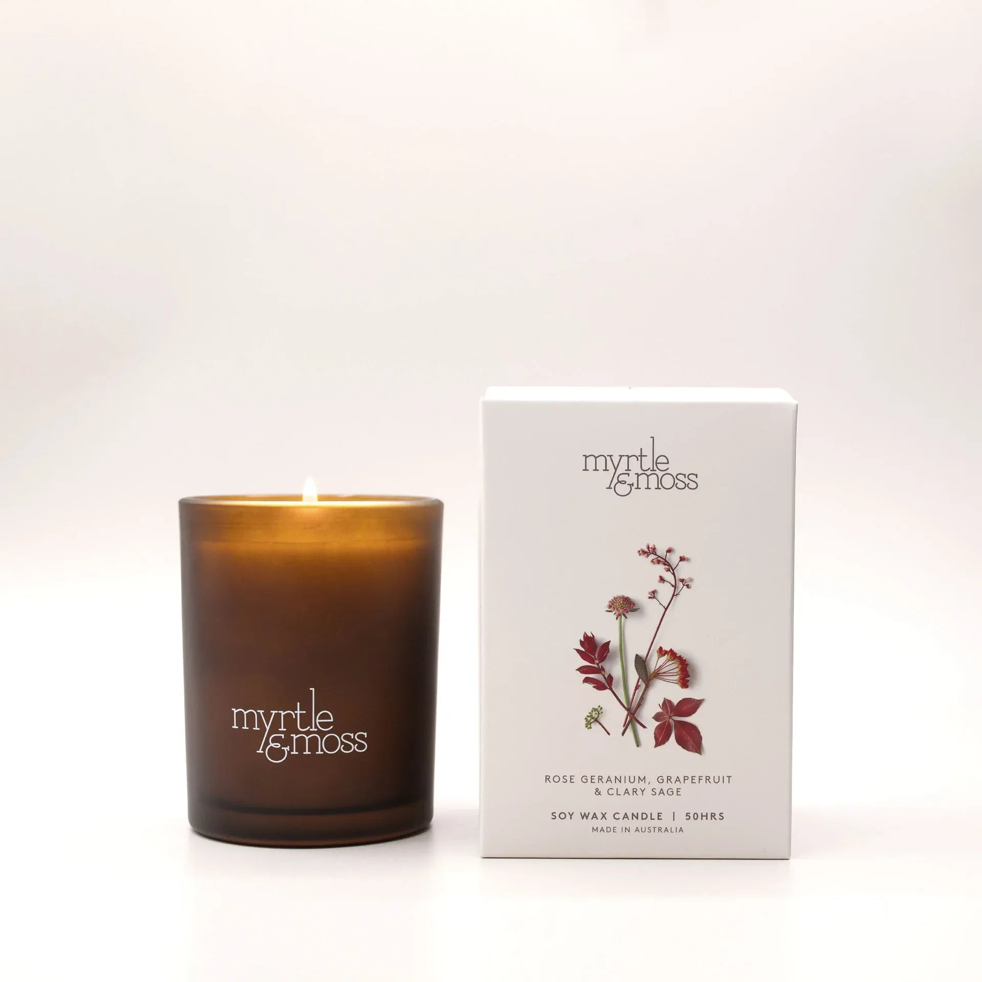 Myrtle & Moss Candle - 50hrs Rose geranium,grapefruit,clary sage Myrtle & Moss