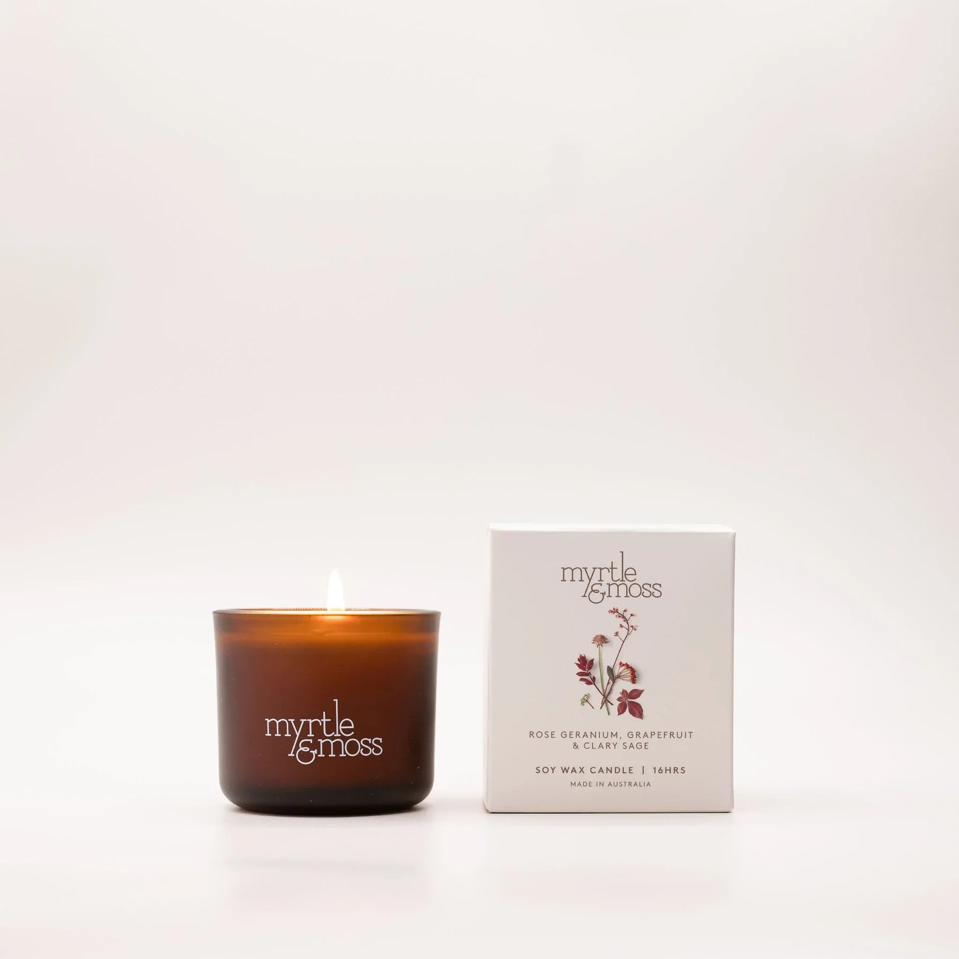 Myrtle & Moss Candle small - 16hrs Rose geranium,grapefruit,clary sage Myrtle & Moss