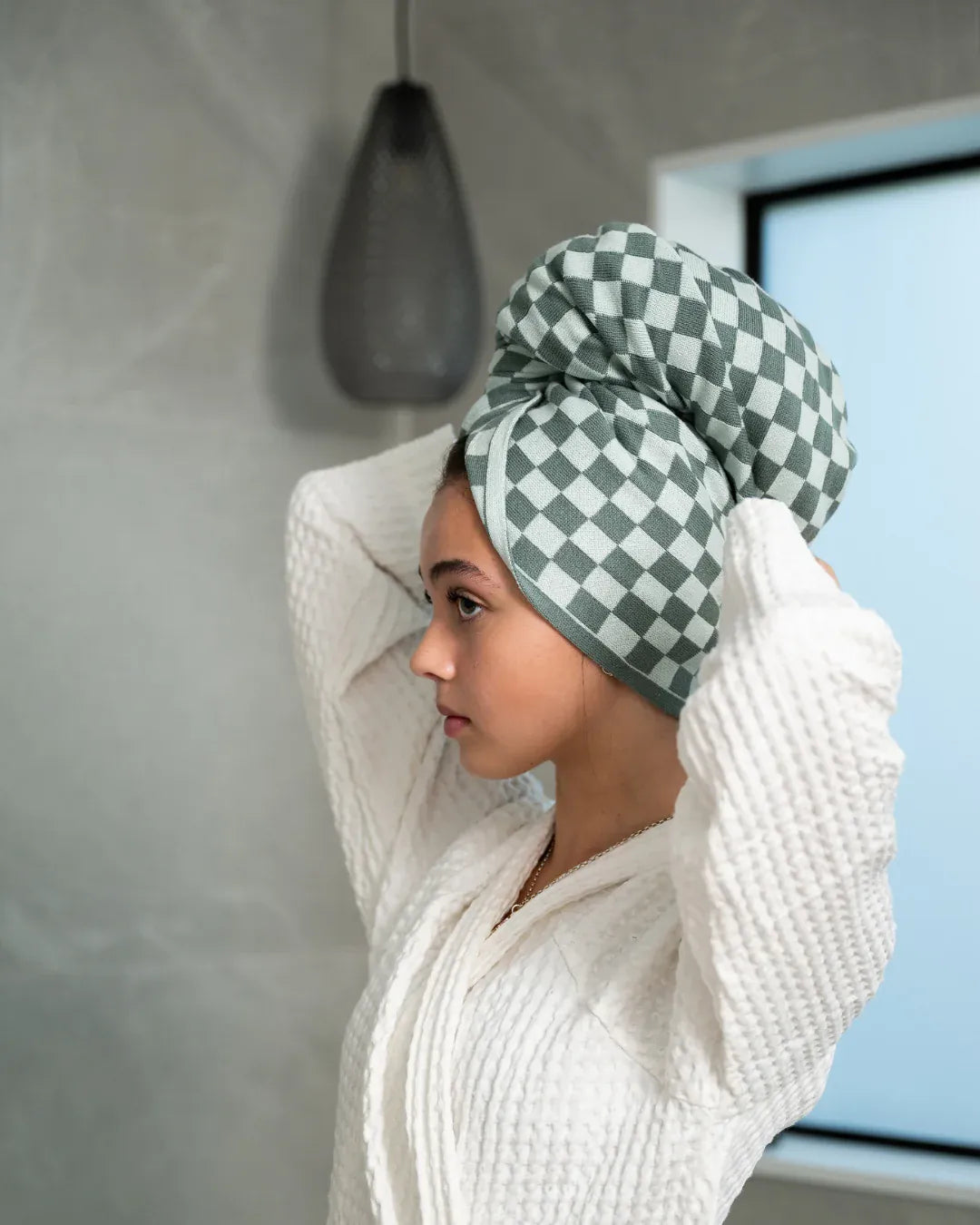 Ecovask hair towel Sea foam check LittleLintons