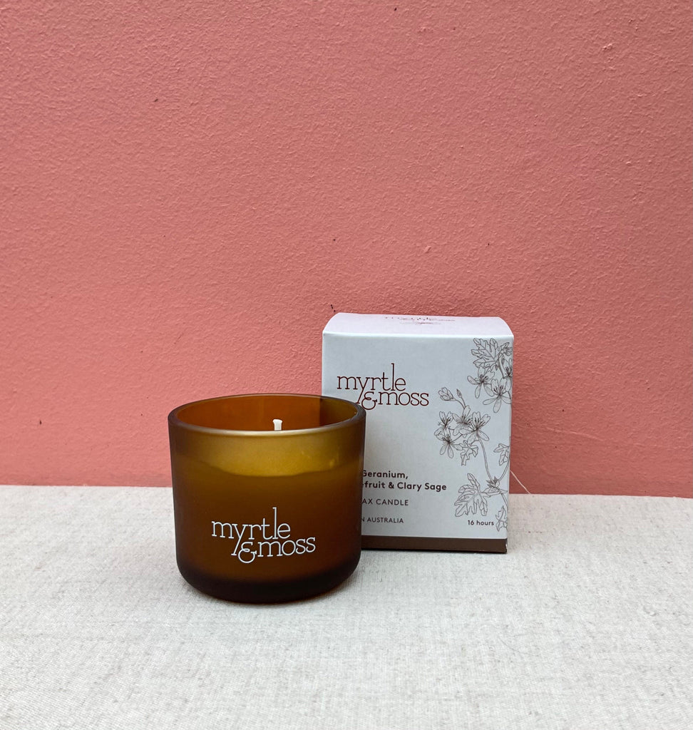 Myrtle & Moss Candle small - 16hrs Rose geranium,grapefruit,clary sage Myrtle & Moss